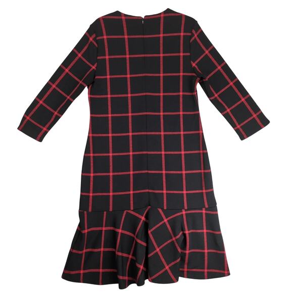 Appleseed's Red Black Plaid Knit Dress Sz 10 Ruffle Hem 3/4 Slv Academia Preppy - Picture 2 of 10
